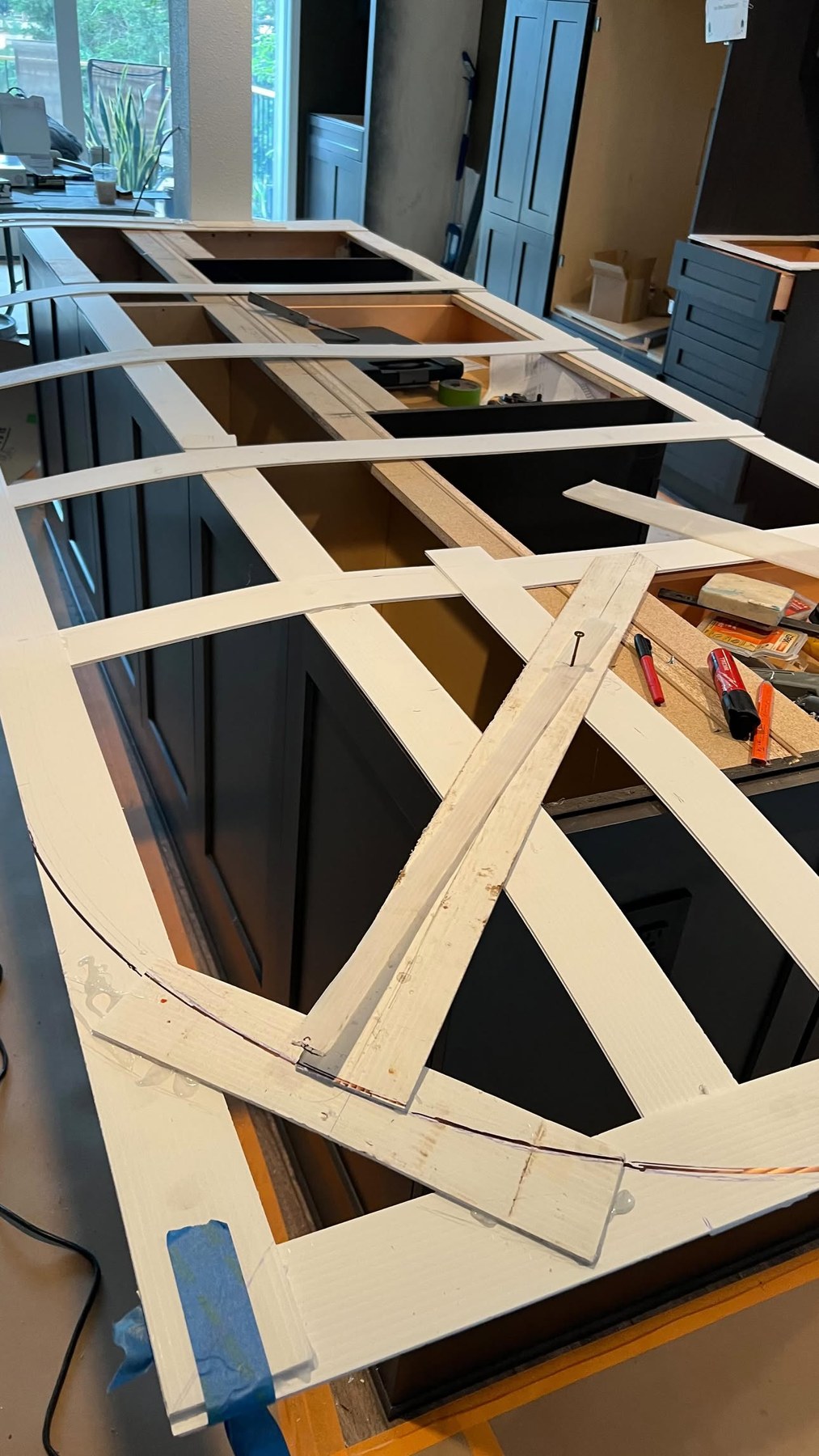 Island layout template on kitchen floor