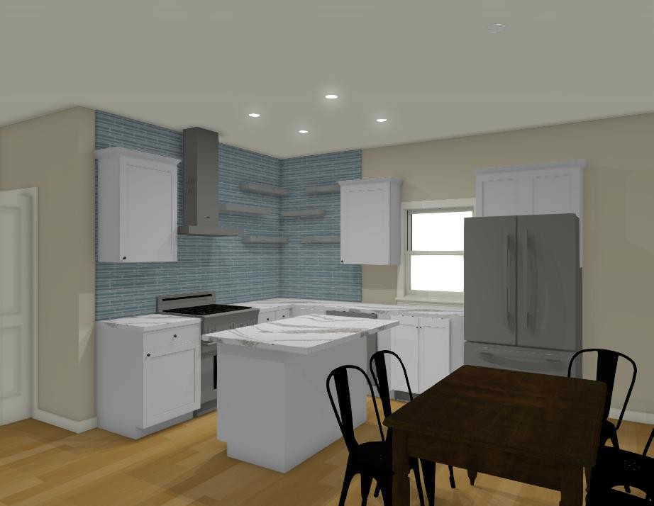 3D design: kitchen and dining layout with white shaker cabinets and blue tile
