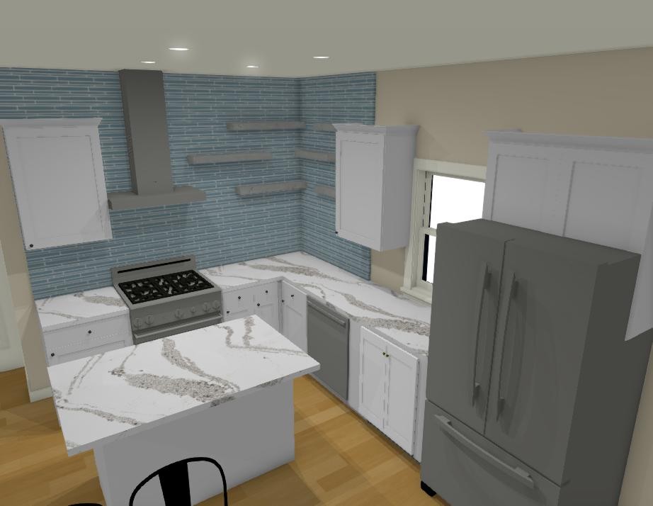 3D design: range wall, hood, and marble-look counters