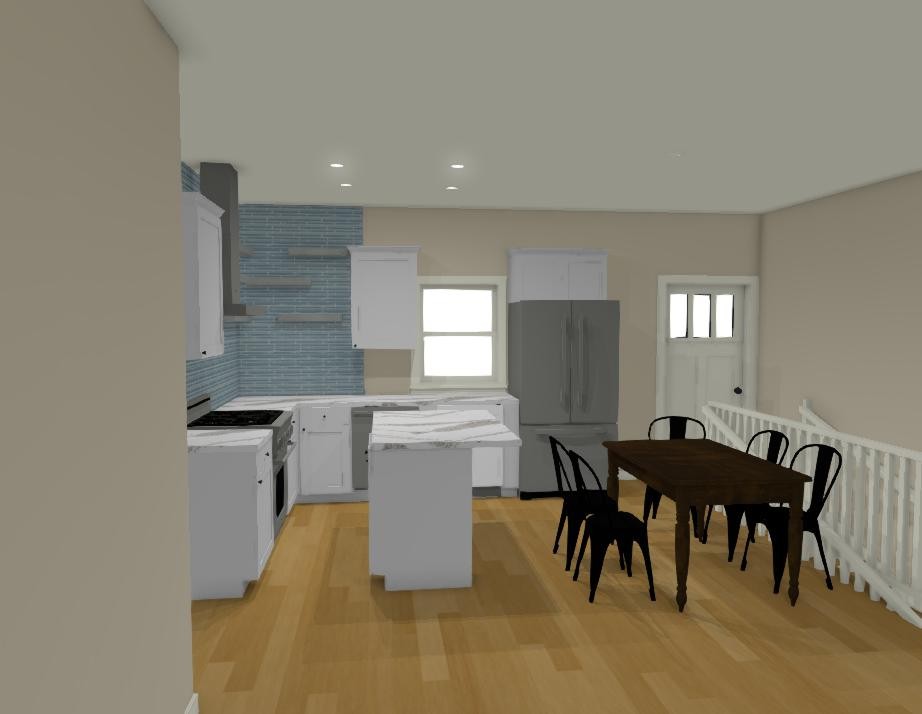 3D design: wide view of kitchen, dining table, and stair