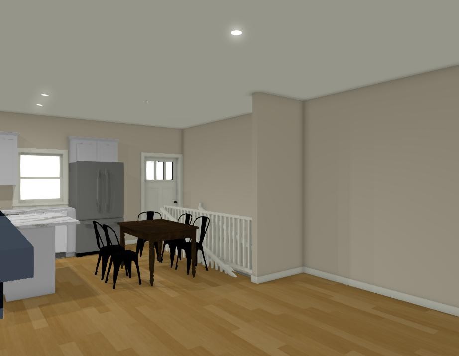 3D design: dining area looking back to the kitchen island